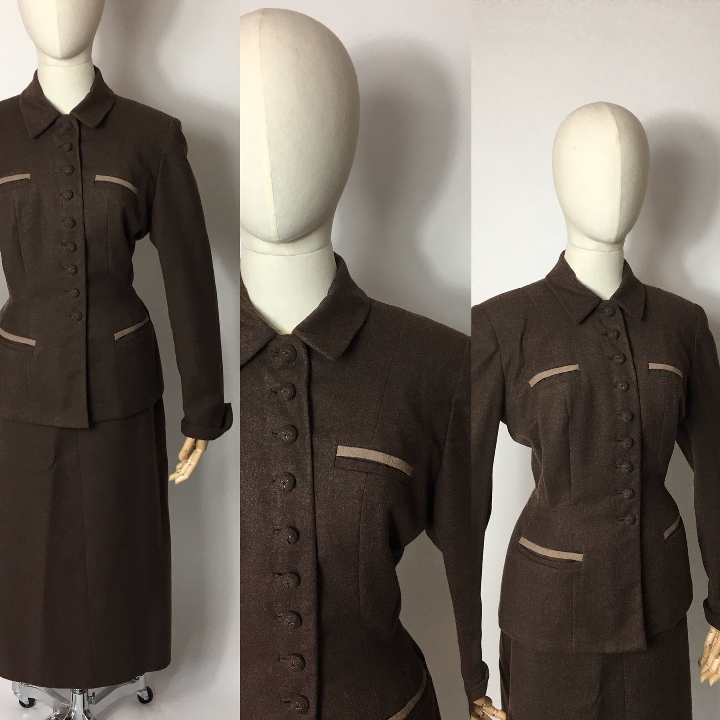 Original 1940’s 2pc Suit in A Lovely Brown Wool, Stunning Detailing and Seamwork