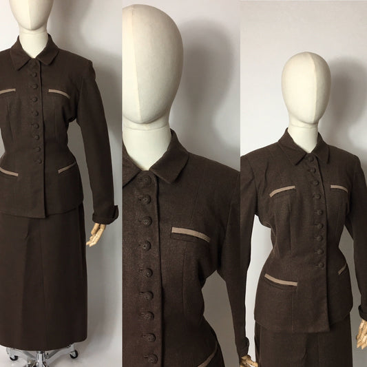 Original 1940’s 2pc Suit in A Lovely Brown Wool, Stunning Detailing and Seamwork