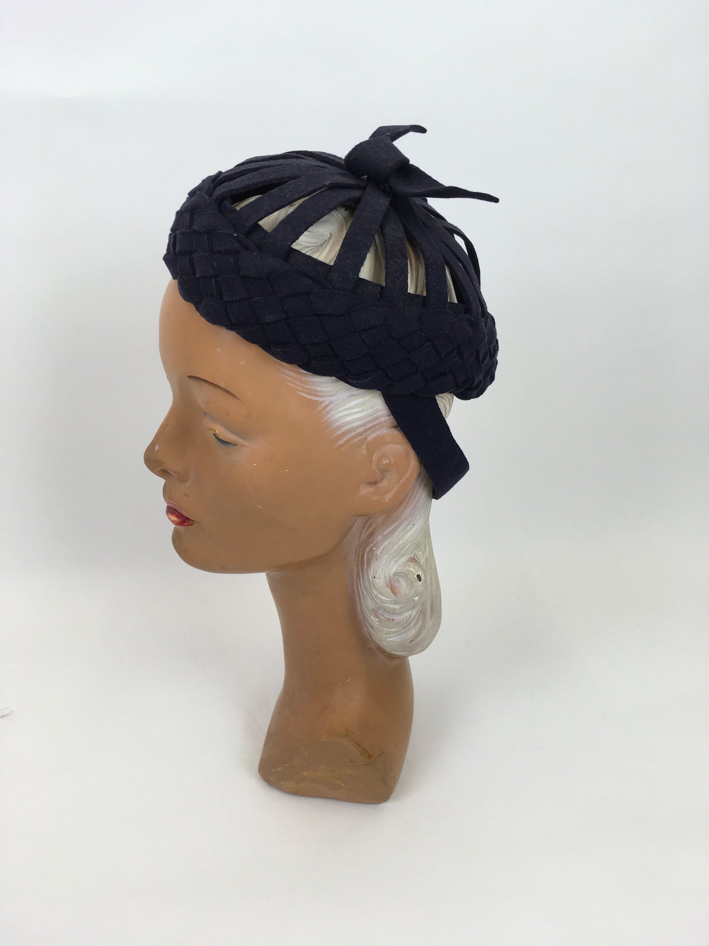 Original 1940s Navy Felt Topper Hat - Featuring Lattice and Weave Felt Work with Bow