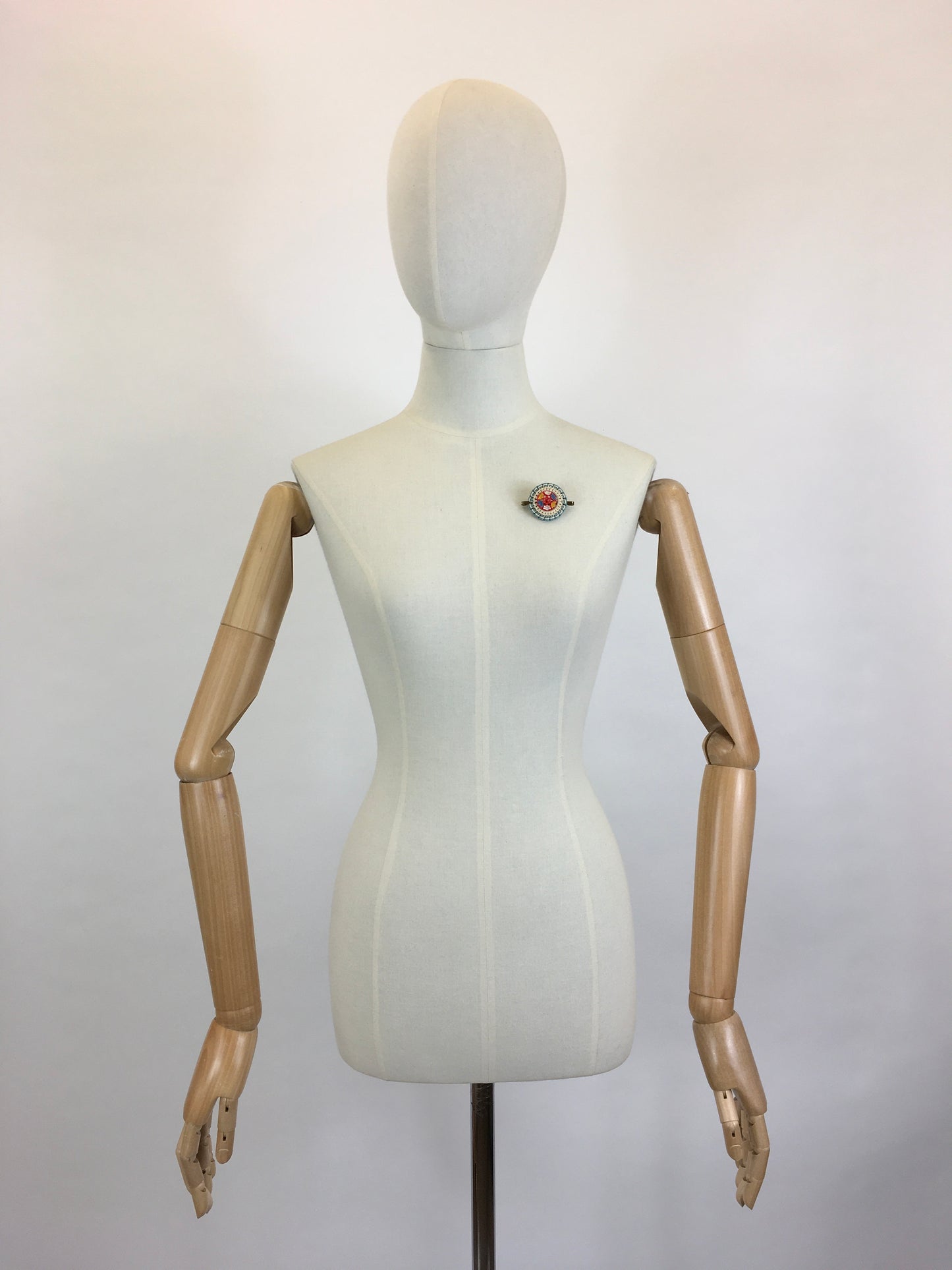 Original 1940’s Make Do and Mend Telephone Cord Brooch - In A Soft Blue & Cream with Red Floral Button