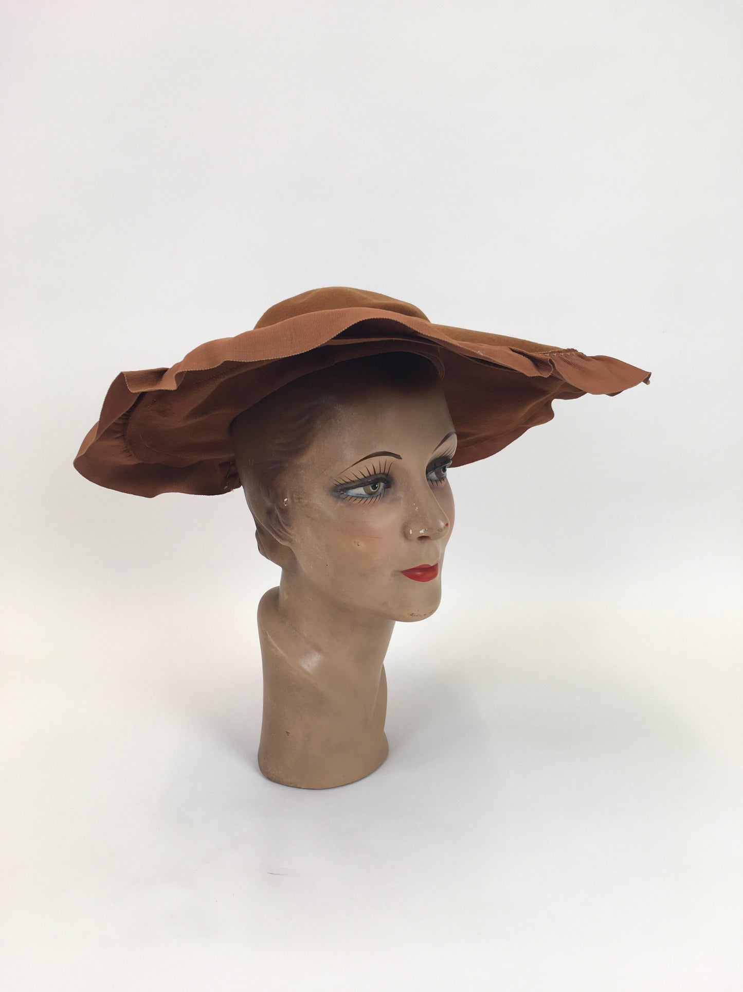 Original 1940's Sensational Brimmed Hat - In Warm Cinnamon With a Ruffled Trim