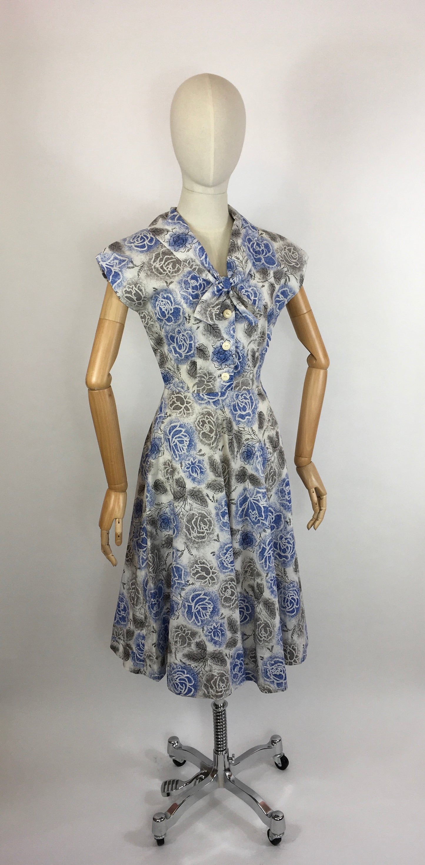 Original late 1940s Floral Dress - In A Crisp Cotton in Soft Greys, Charcoals and Blues