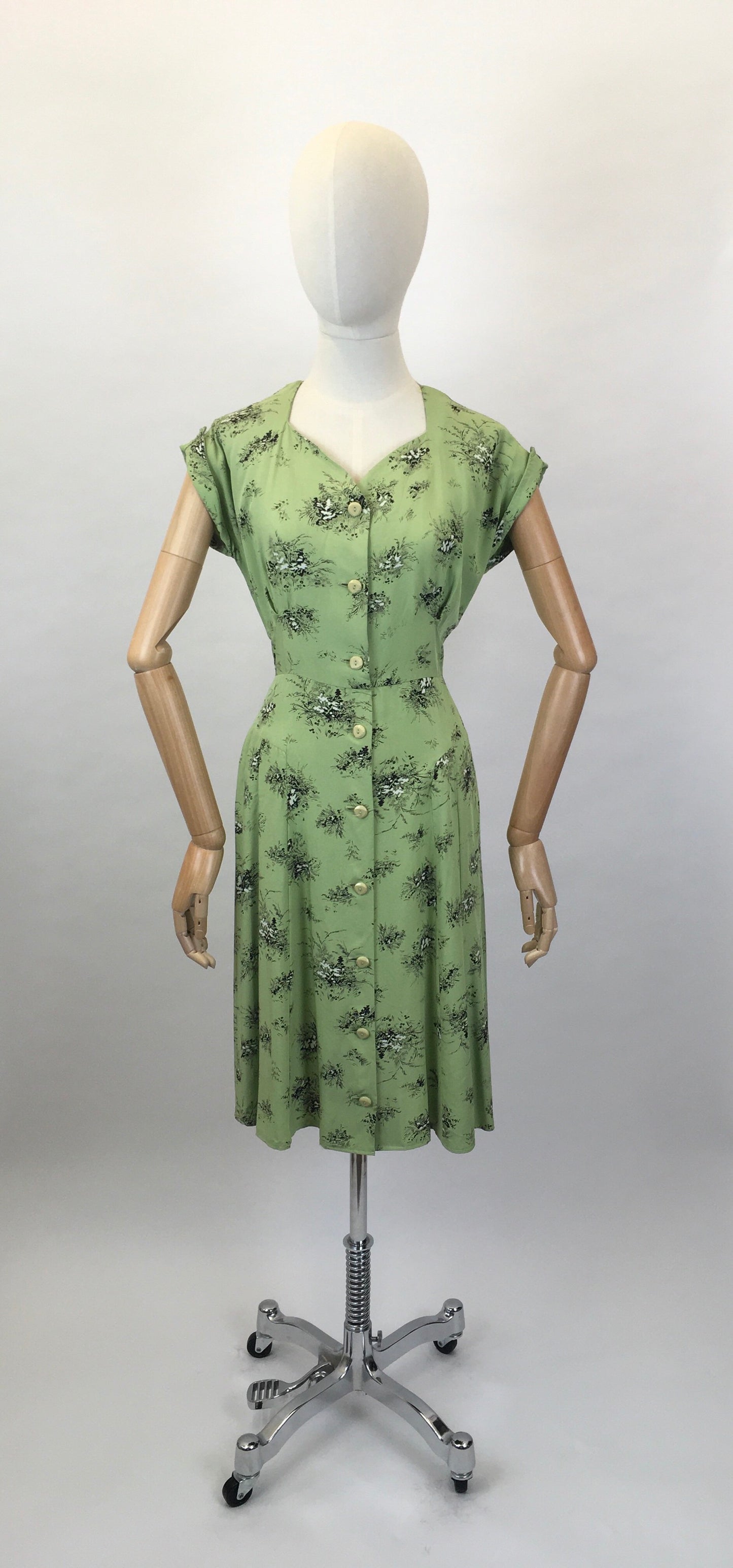 Original Late 1940’s ‘ St. Michael’ Cotton Day Dress - In a Beautiful Green and Black Stencilled Floral Print