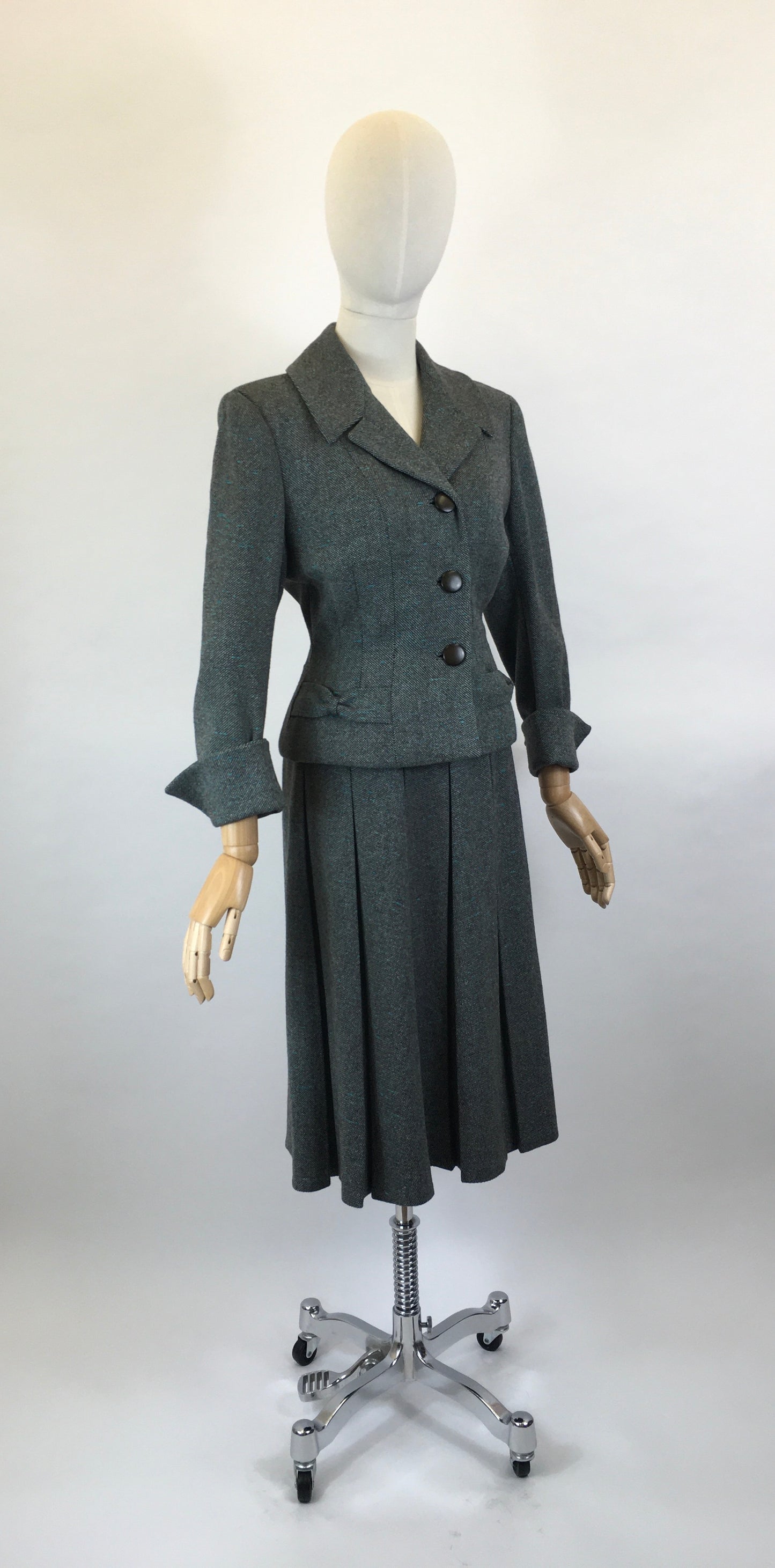Original late 1940’s 2pc Woollen Suit by ‘ Harella’ - Grey Toned with a Bright Teal Fleck