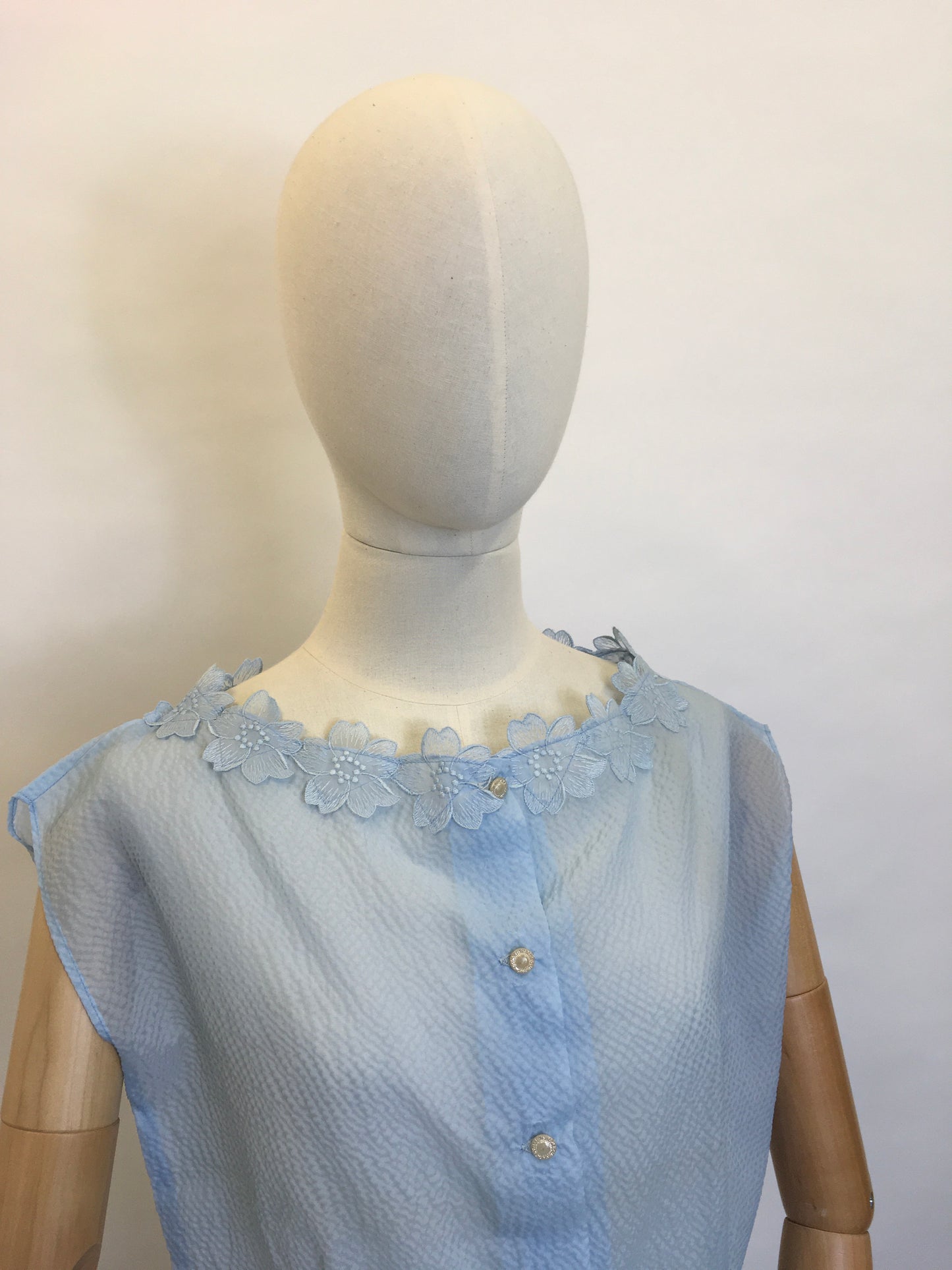 Original 1950’s Sheer Blouse in a lovely Powder Blue - Featuring Floral Detailing to the Neckline