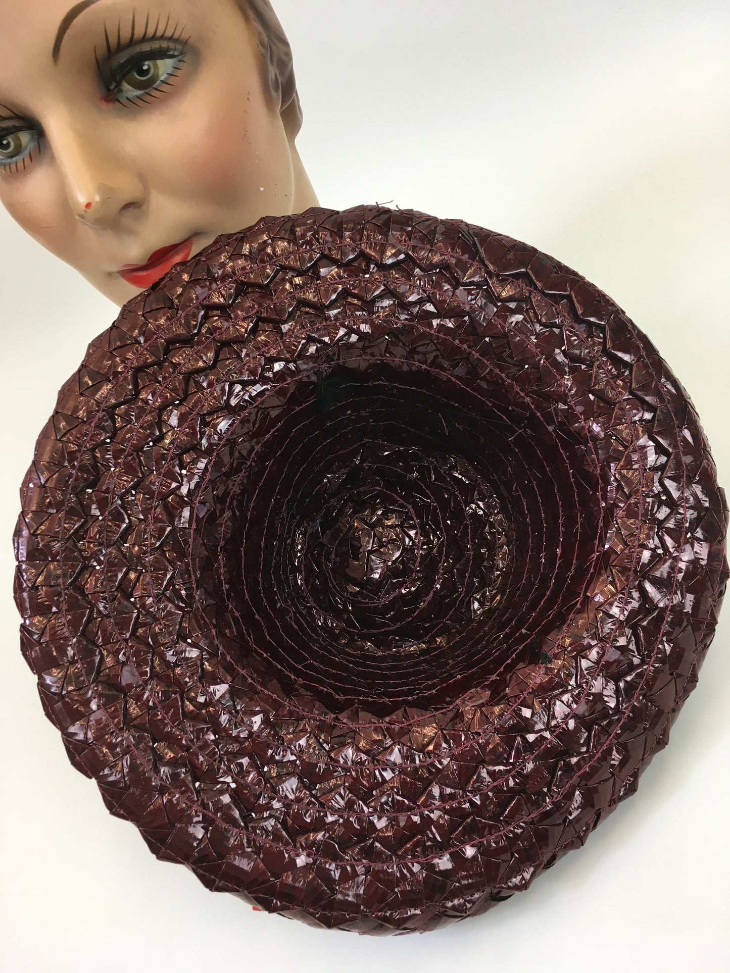 Original 1940's Sensational Raffia Hat with Feather Adornment - In A Warm Red Wine