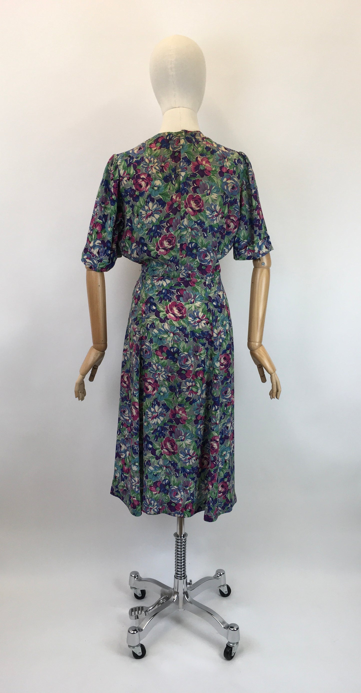 Original 1940's Sensational Floral Crepe Dress  - With Exquisite Neckline Shaping