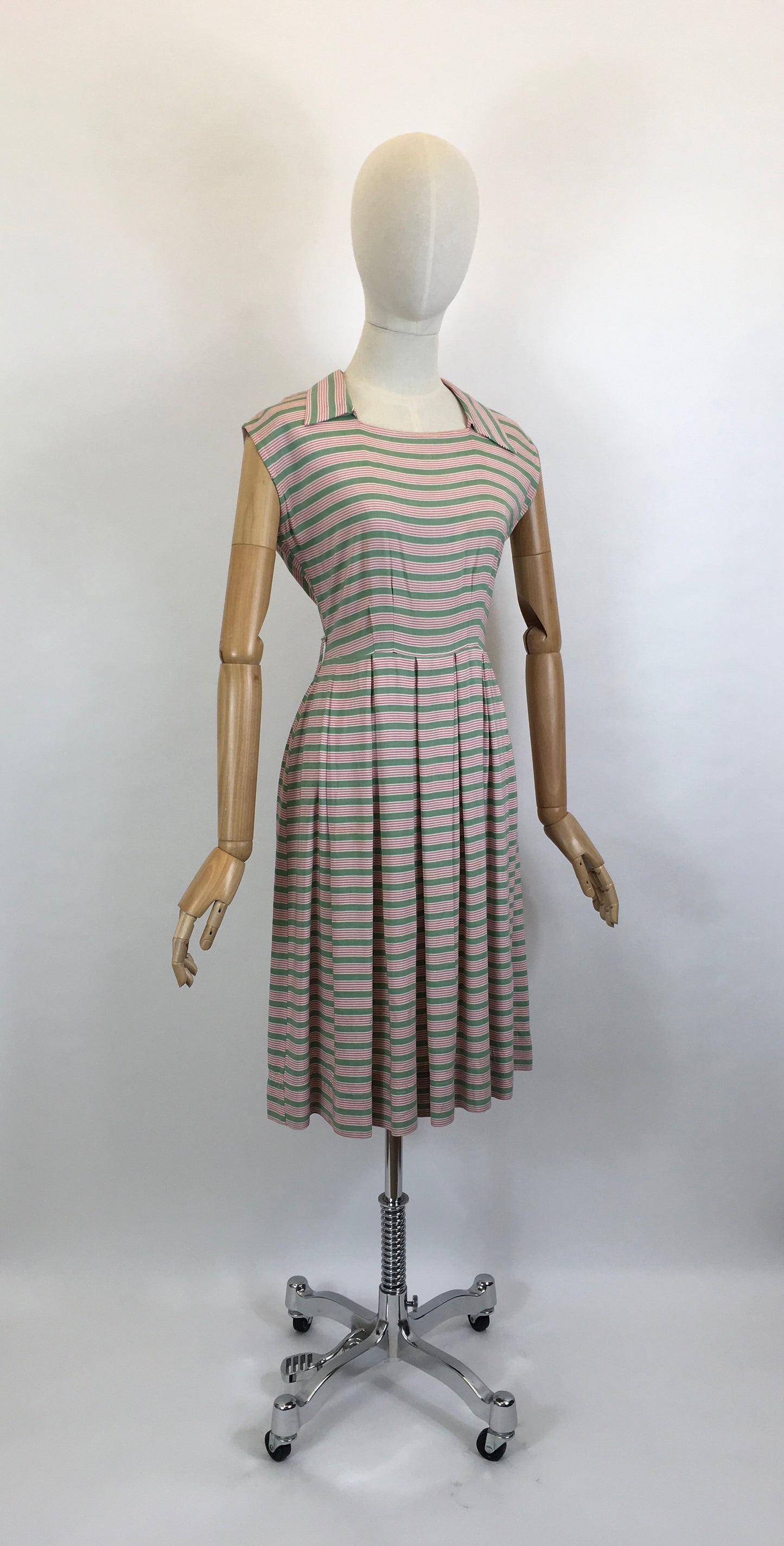 Original Late 1940’s Early 1950’s Cute Cotton Day Dress - In A Soft Cotton Stripe in Sage Green & Powdered Rose