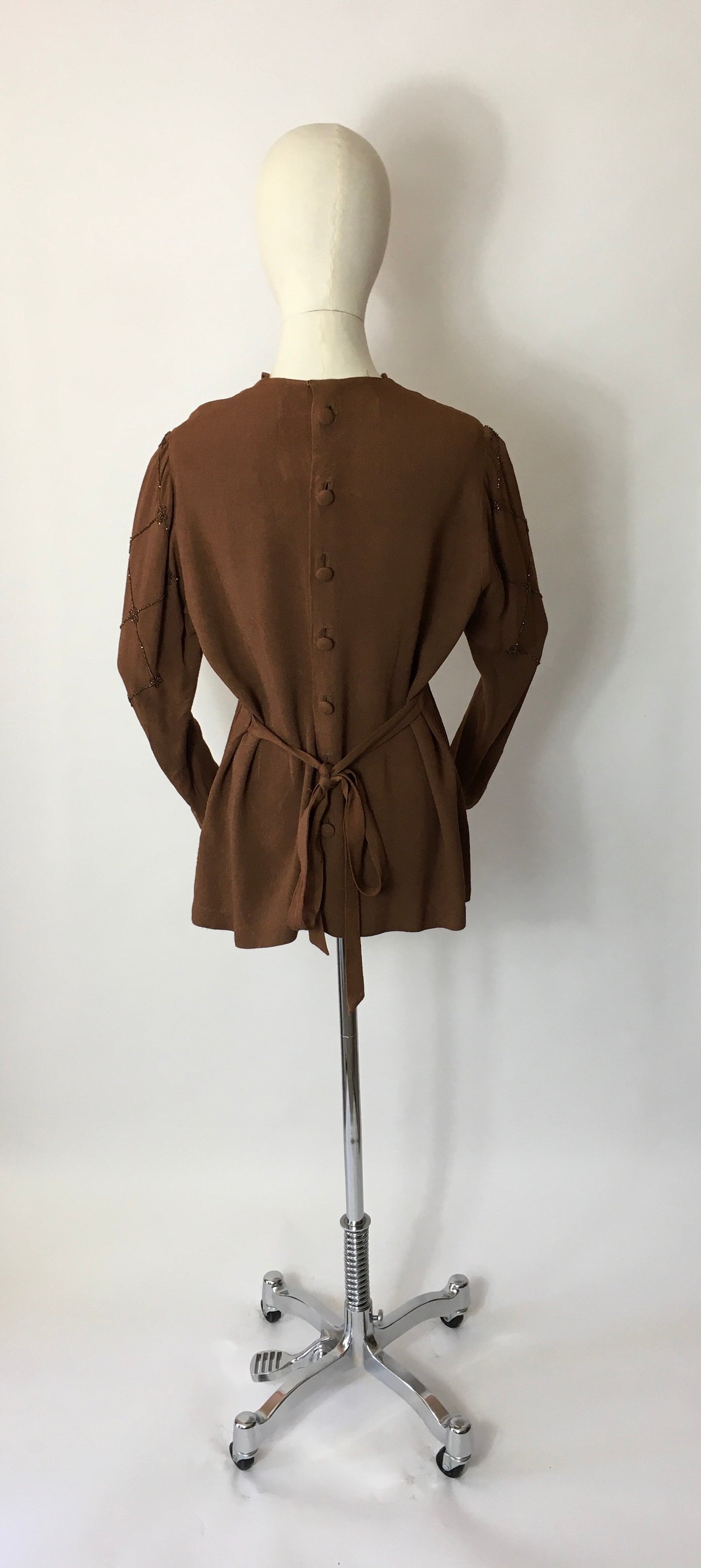 Original 1940’s Double Eleven Plate Label Tunic - Featuring Stunning Bronze Beaded Bodice Detailing on an Autumnal Brown Crepe