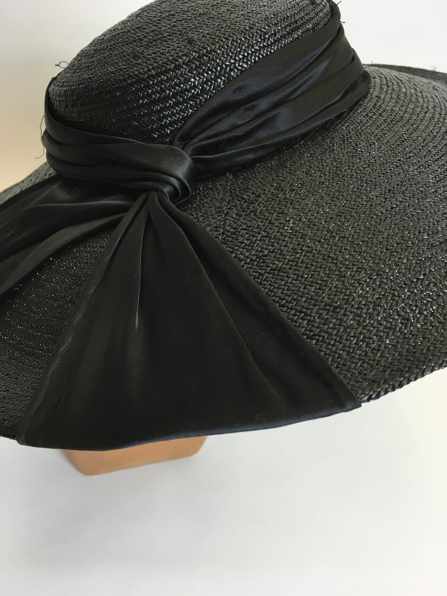 Original 1940’s Black Saucer Hat - ‘ Made In France ‘ With Black Satin Bow Ribboning
