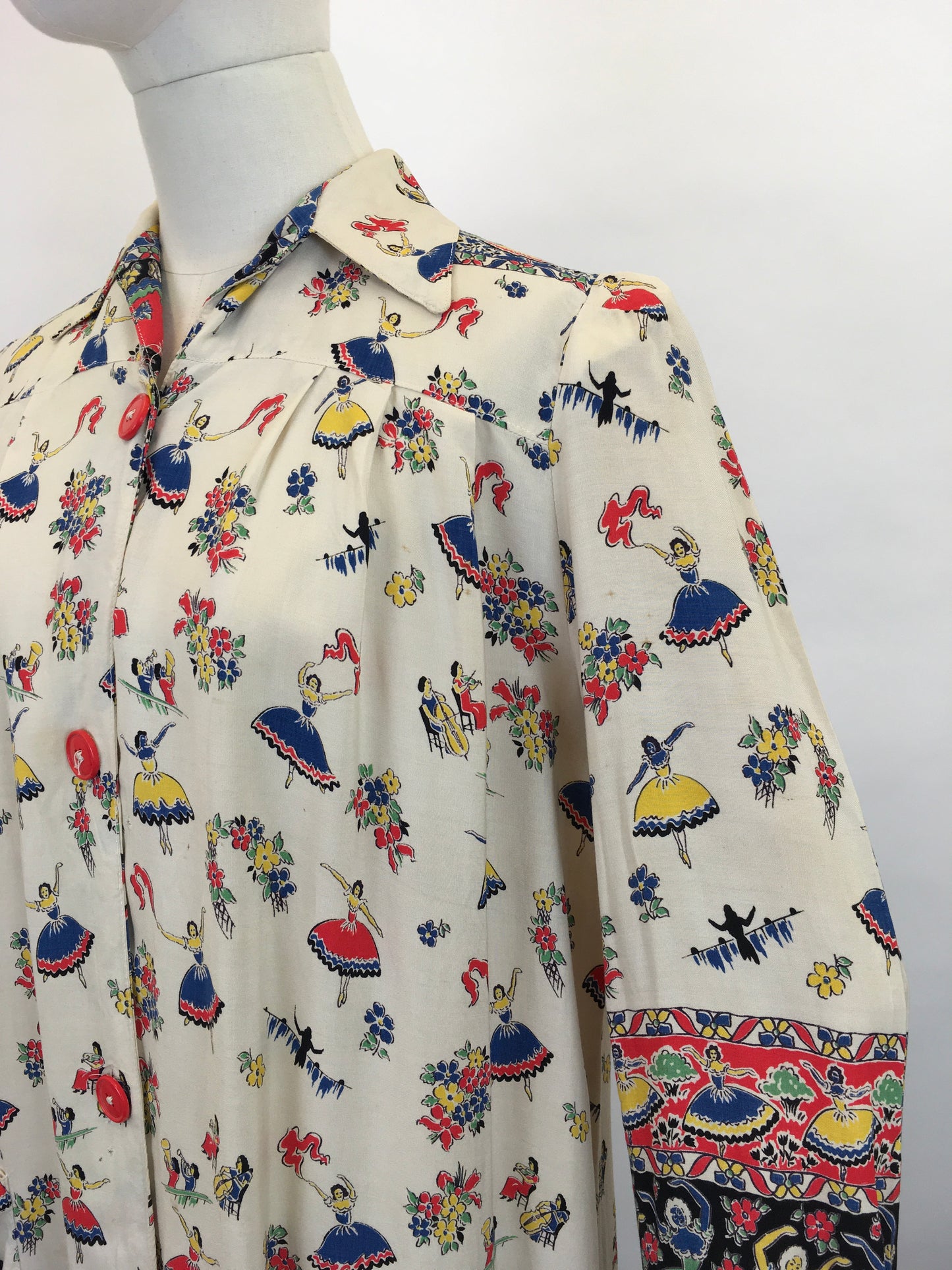 Original 1940s CC41 St. Michael Novelty Print Smock - In Fabulous Dancer Print in Bright Primary Colours