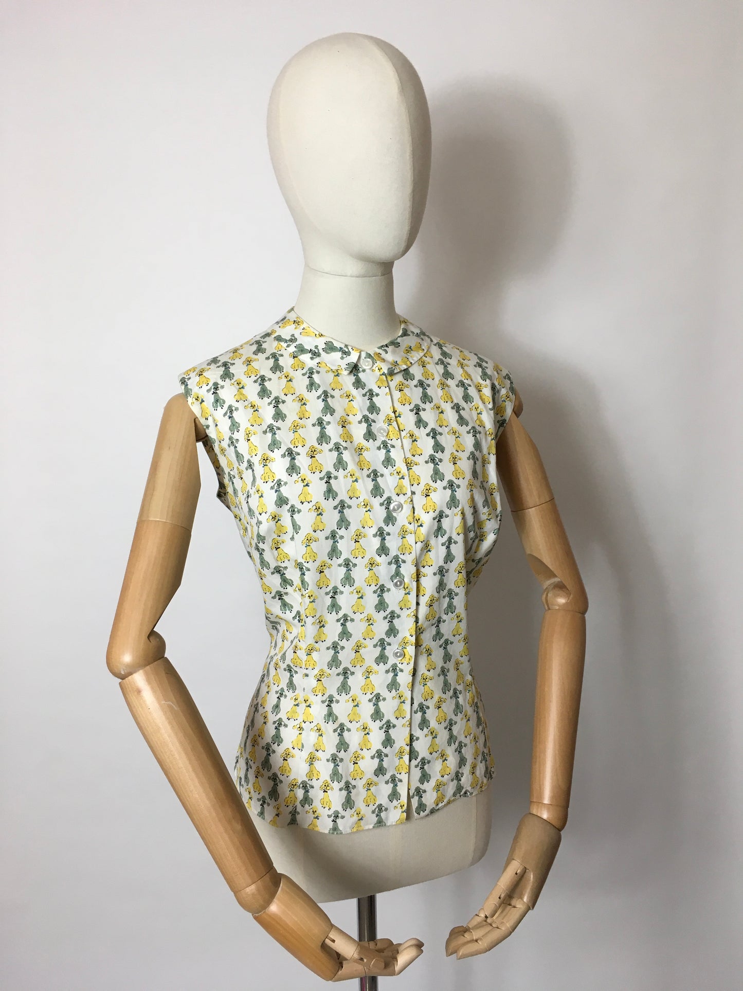 Original 1950s Cotton Day Blouse - In the Most Amazing Poodle Print and Yellow & Green Colour Combination