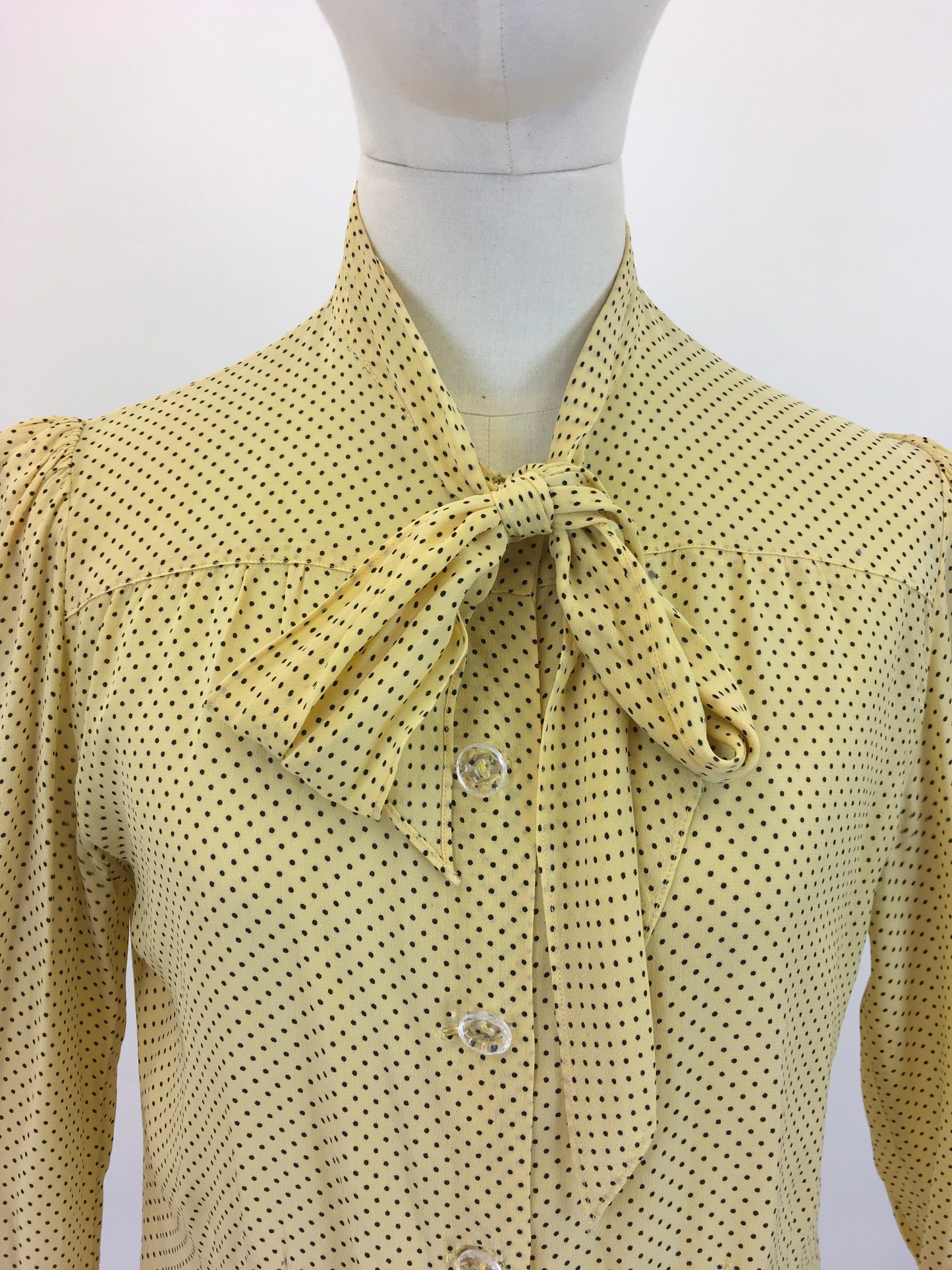 Original 1940's Darling Pussy Bow Blouse - In A Delightful Yellow Polka Dot Crepe