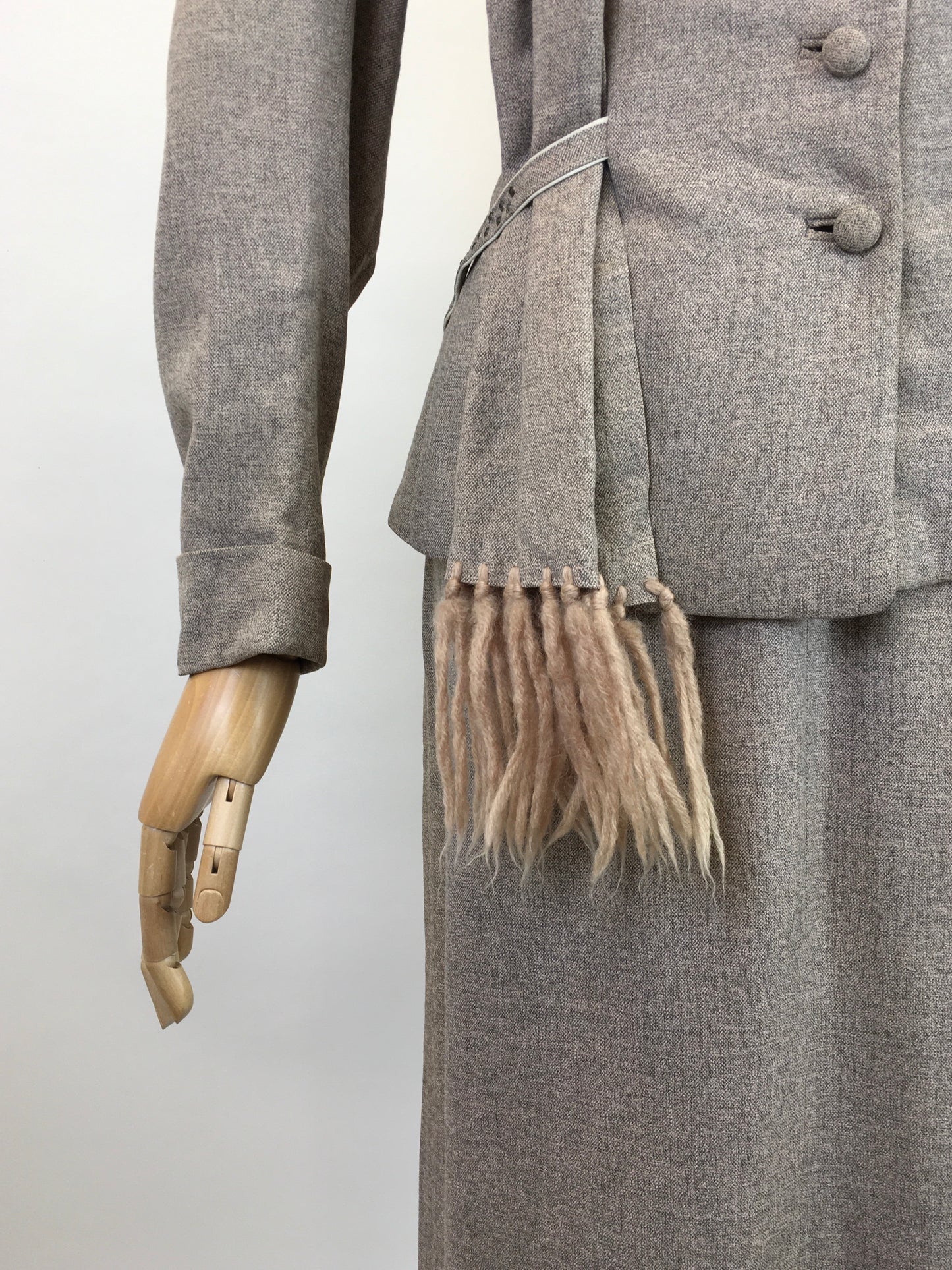 Original 1940's STUNNING 3pc Suit - In Soft Fawn with A Draped Tasselled Scarf