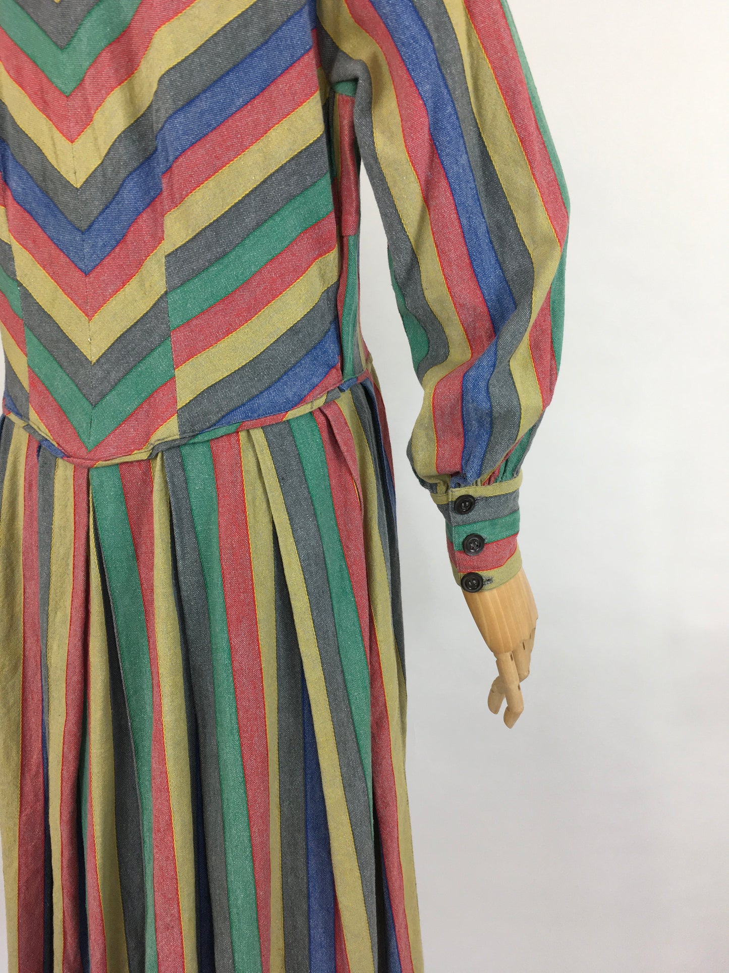 Original Late 1930s Day Dress - In a Fabulous Heavyweight Linen in a Rainbow Stripe with Contrast Chevron Pattern