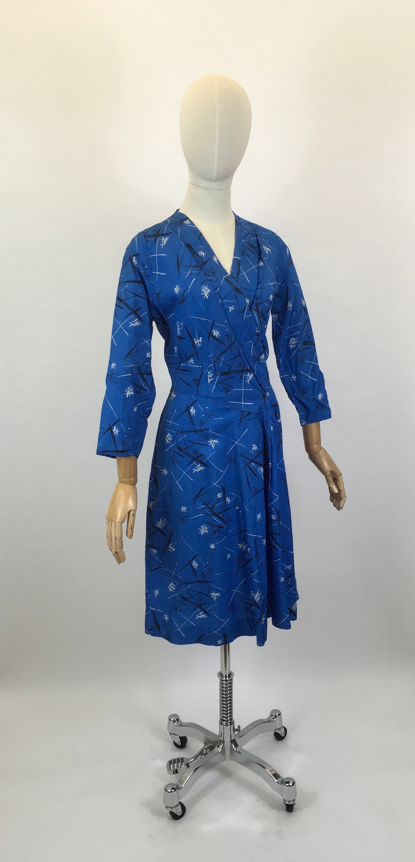 Original 1950’s Fabulous Blue Frock - In An Abstract Print Silk Sateen