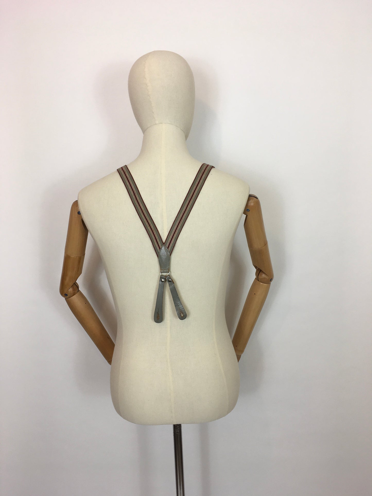 Original 1940s Mens Braces with Grey Leatherwork - In A Burgundy and Grey Stripe