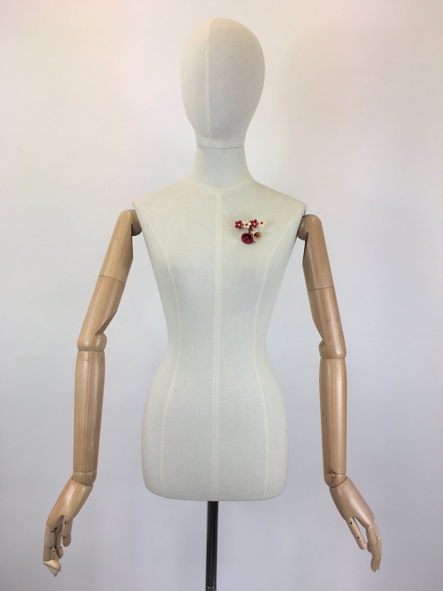 Original 1940's Celluloid Floral Bar Brooch - In Cream and Red with Dangling Bells