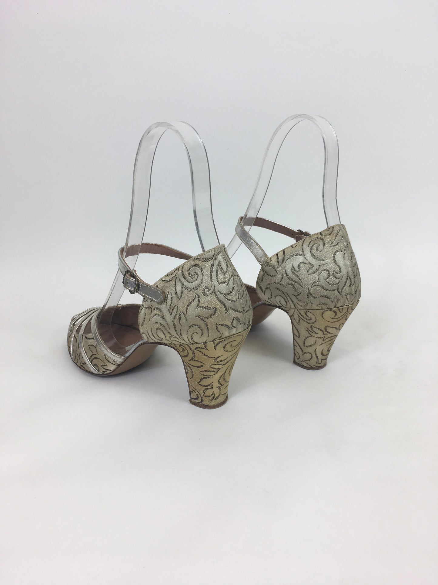 Original 1940's Evening / Dance Heels - In A Beautiful Gold Floral Brocade
