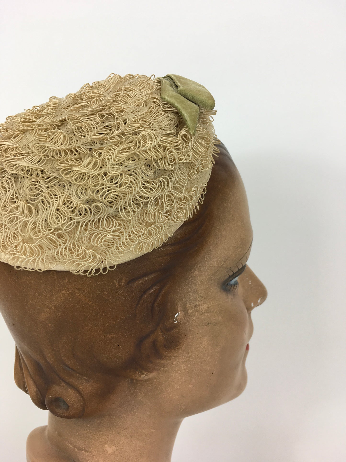 Original 1950’s Darling Headpiece - In A Soft Straw Colour with Contrast Rich Green Velvet Bow Detailing