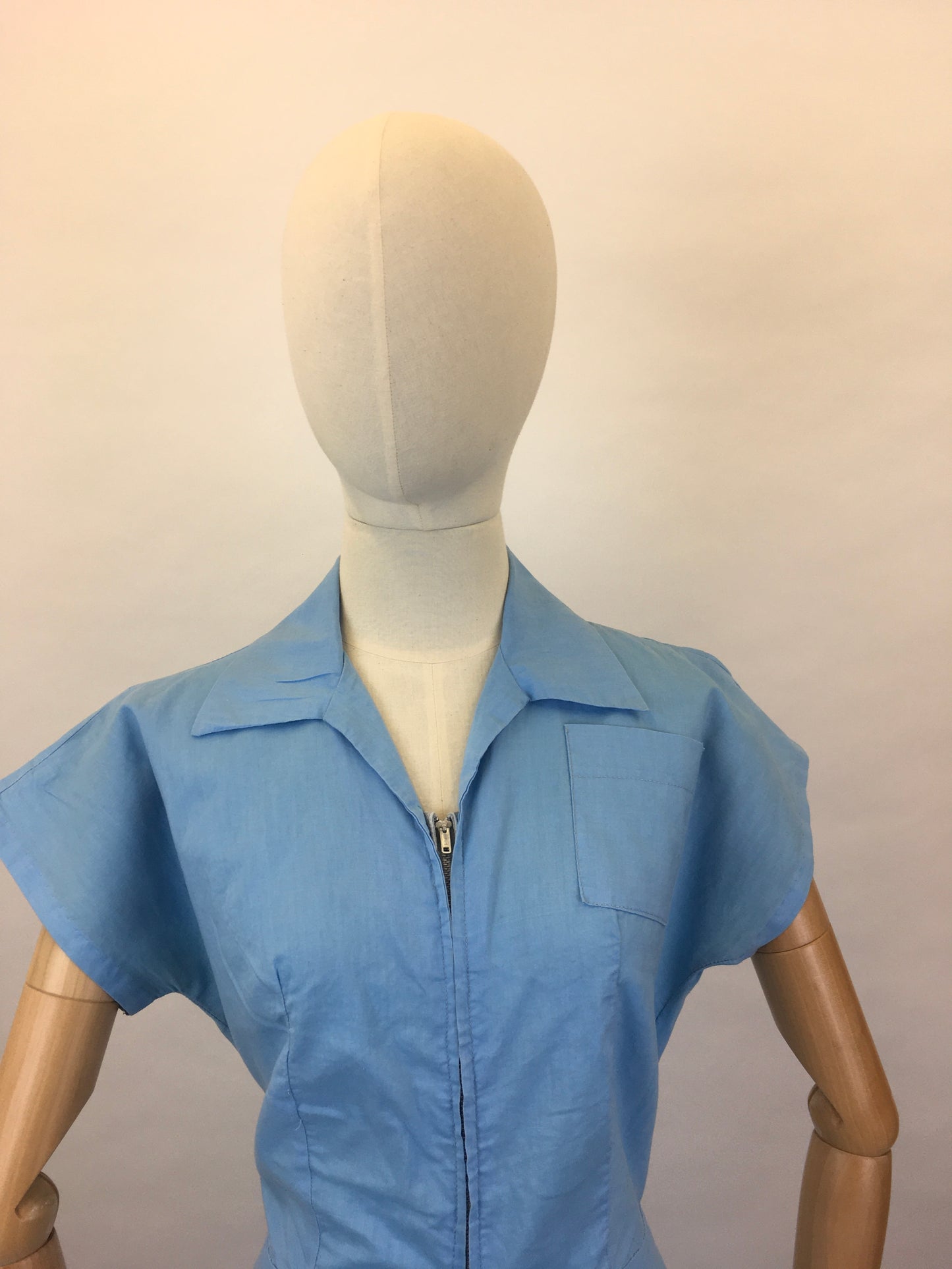 Original 1940’s Homemade Zip Front Playsuit - In a Lovely Sky Blue Cotton