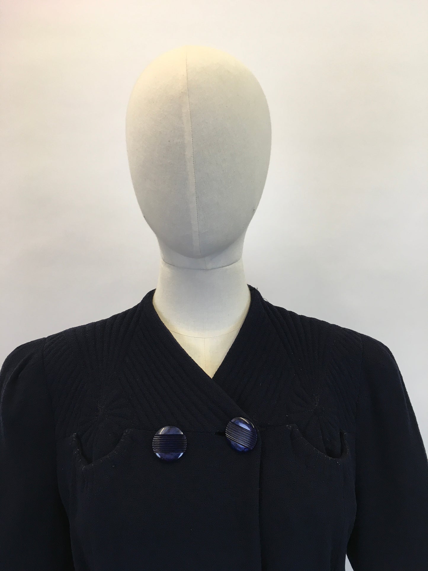 Original 1930’s Darling Navy Wool Crepe Coat - With Stunning Trapunto Detailing