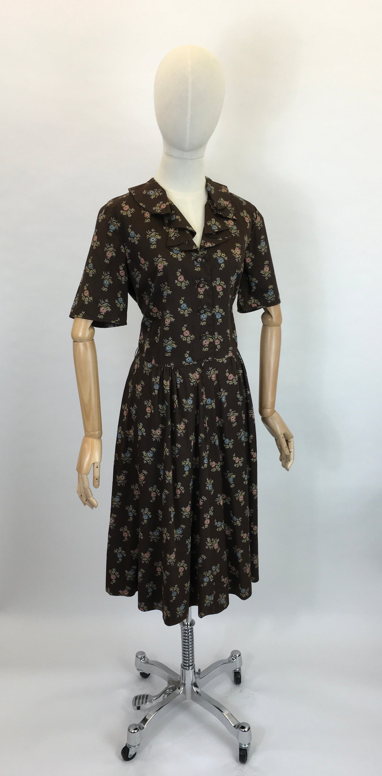 Original 1950’s Cute Floral Handmade Dress - Lovely Warm Brown, Terracotta, Blue and Greens