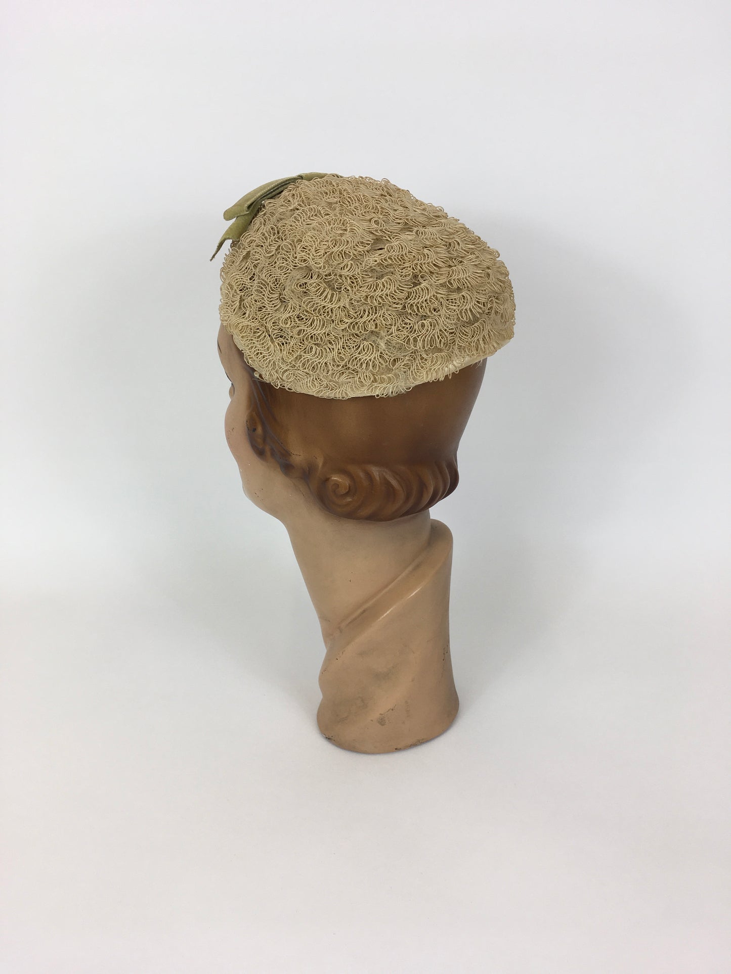 Original 1950’s Darling Headpiece - In A Soft Straw Colour with Contrast Rich Green Velvet Bow Detailing