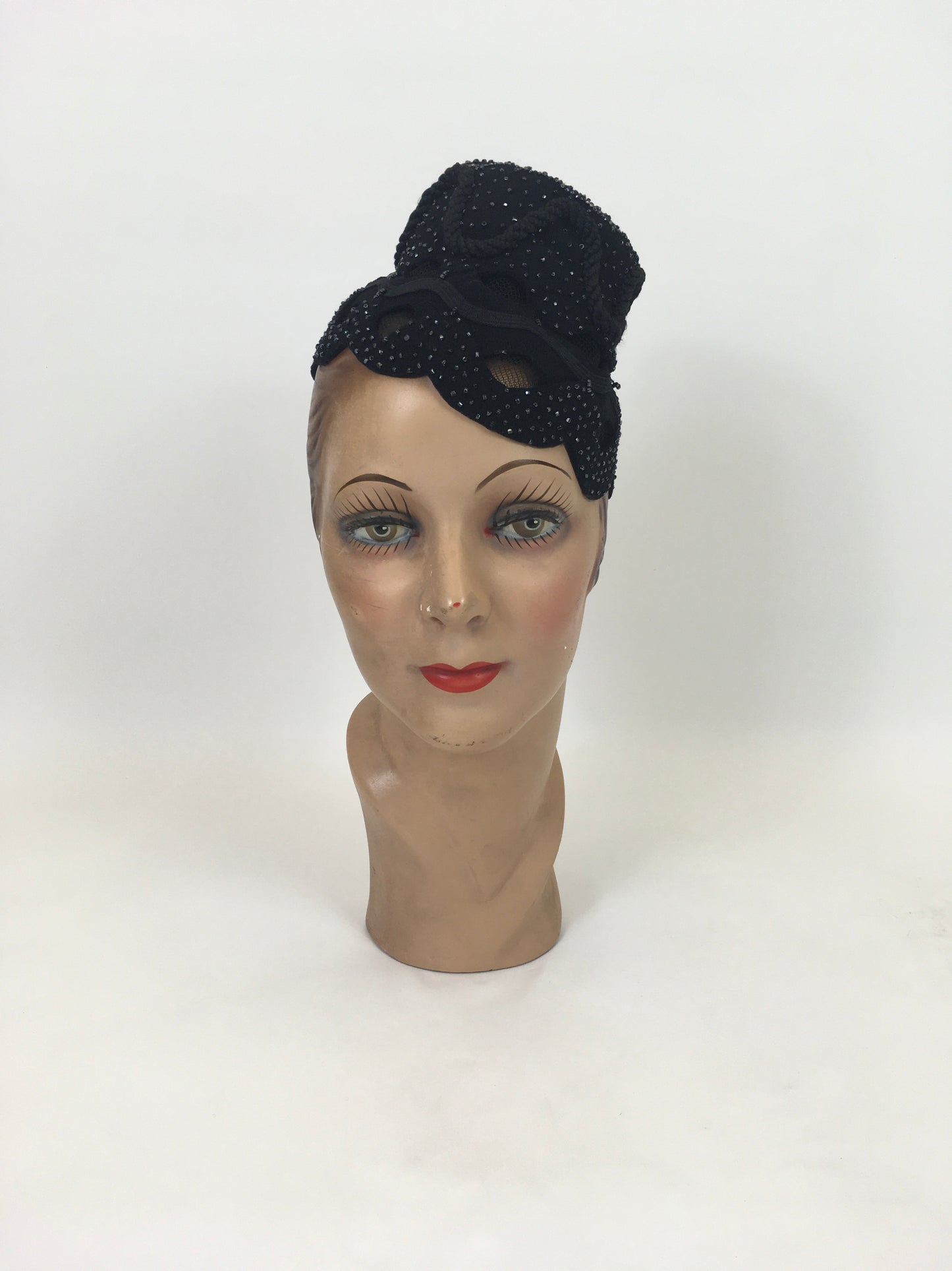 Original 1950's Fabulous Black Tilt hat - With Bugle Bead, Ric Rac and Netting Embellishment
