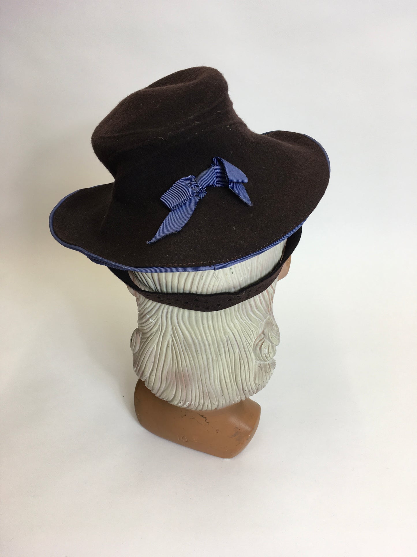 Original 1940’s Brown Felt Topper Hat - Adorned With A Powder Blue Bow