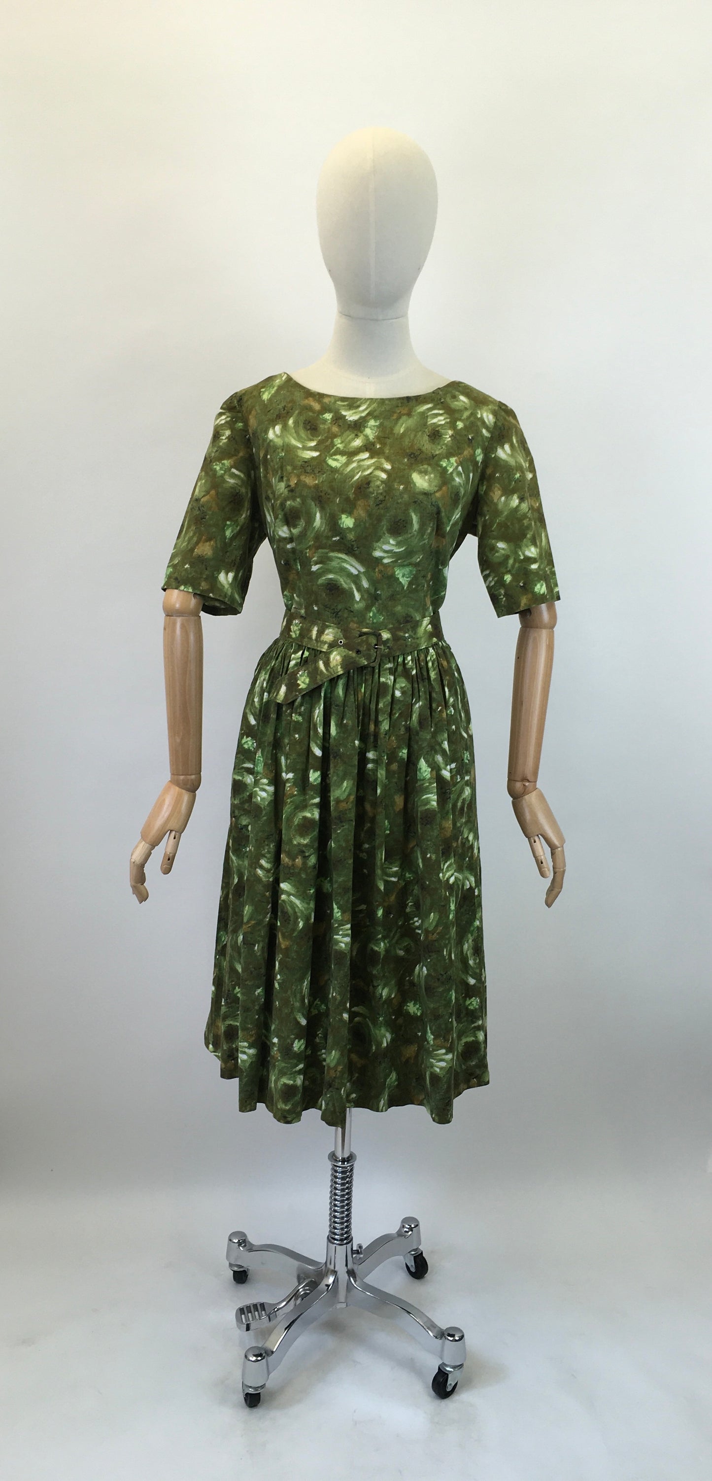 Original 1950's Darling Cotton Day Dress - In Fresh Greens & Chocolate Browns