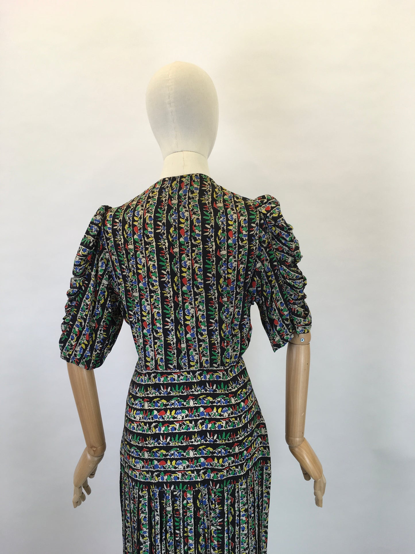 Original 1930s STUNNING Novelty Print Dress - Featuring Toadstools I’m Primary Reds, Yellows, Blues and Greens