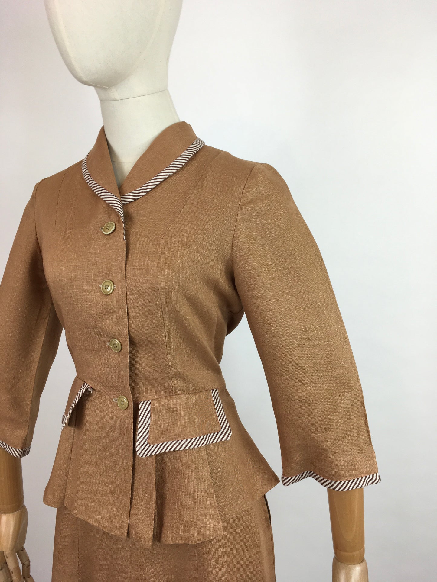 Original 1940’s 2 Piece Suit - In a Beautiful Soft Caramel Linen Colour With Contrast Stripe Detailing