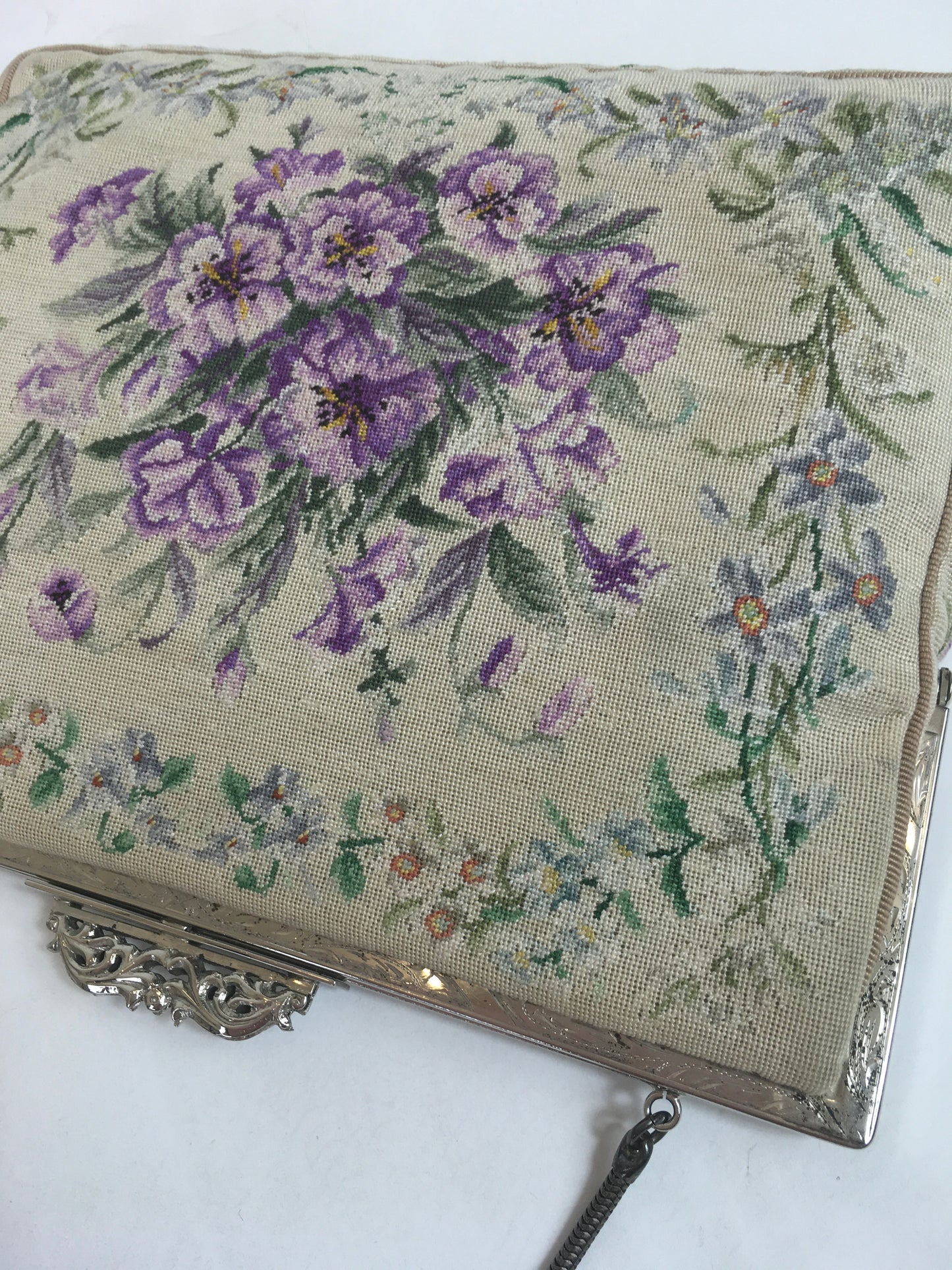 Original 1950’s Floral Tapestry Handbag - By ‘ Harrods’ in Violets, Lilacs and Greens