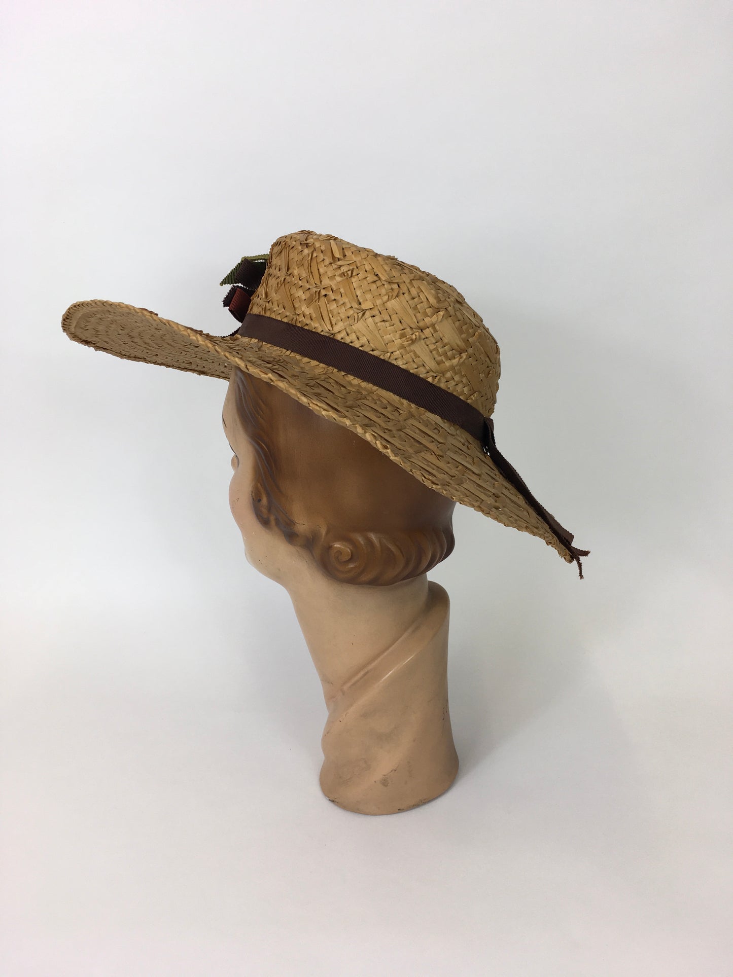 Original 1940’s Straw Hat With Grosgrain Ribbon - In Warm Browns, Grassy Greens and Maroons