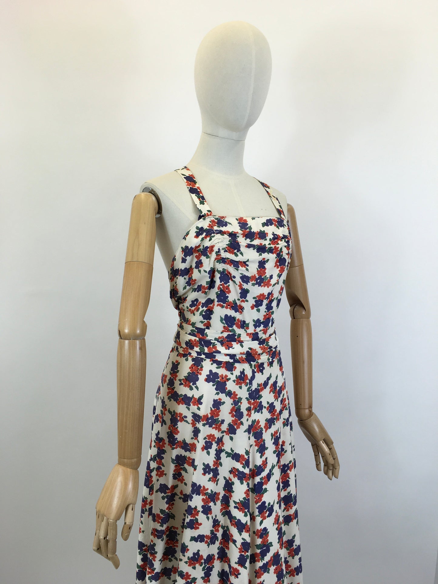 Original Late 1930’s Stunning Evening Gown - Navy & Coral Red Floral Rayon