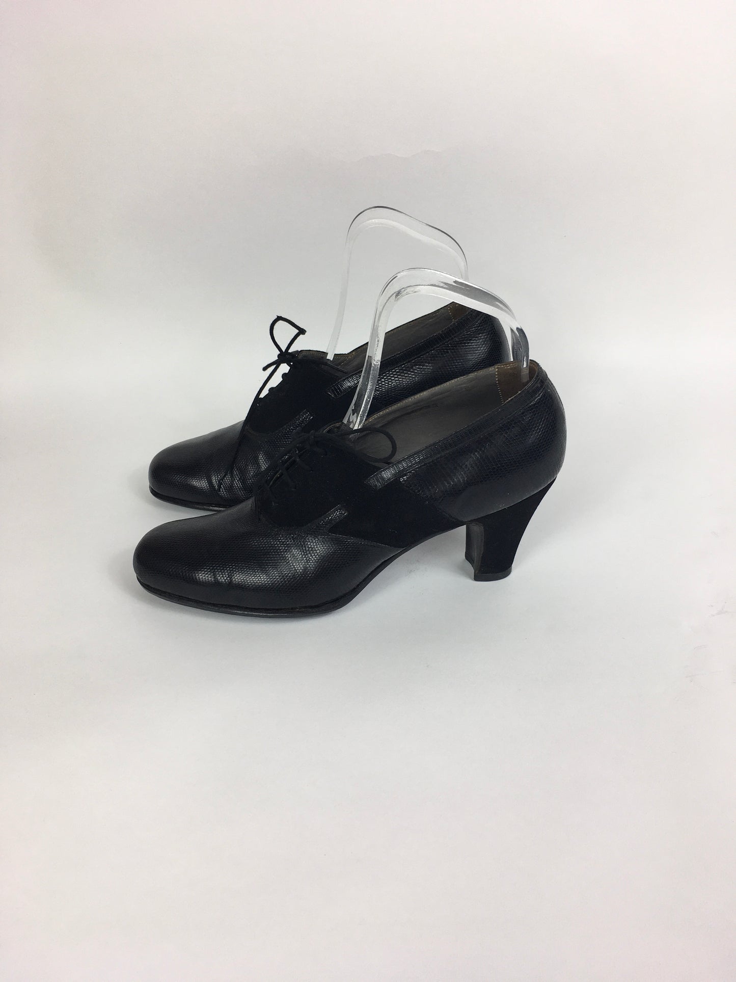 Original 1940’s Black Suede & Leather Heeled Brogues - Stunning Detailing And Shape