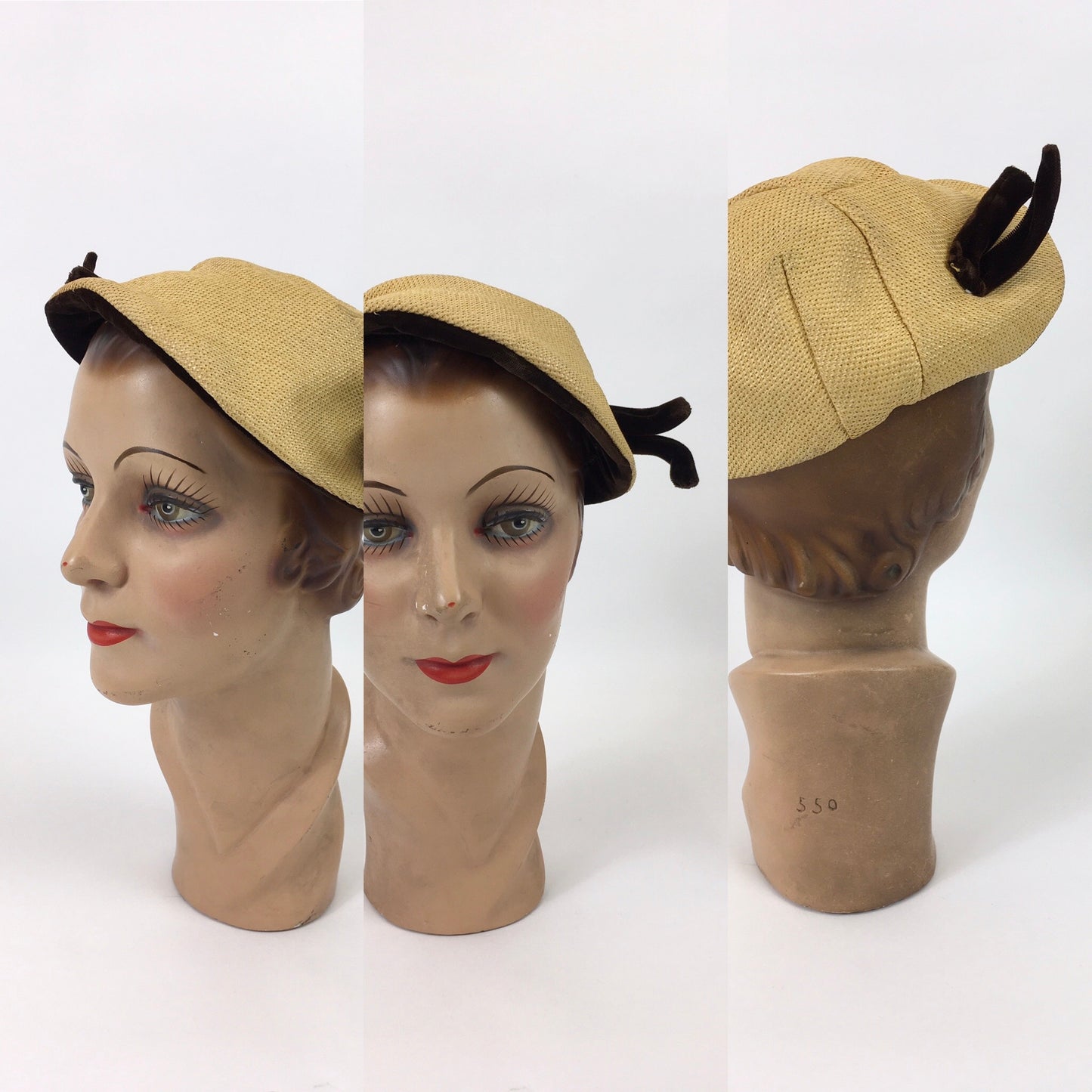 Original 1950’s Fun Autumnal Hat - In Warm Yellow and Brown Velvet Trims