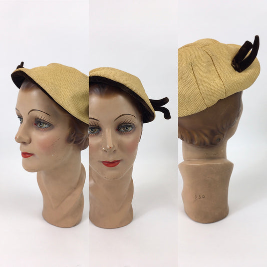 Original 1950’s Fun Autumnal Hat - In Warm Yellow and Brown Velvet Trims