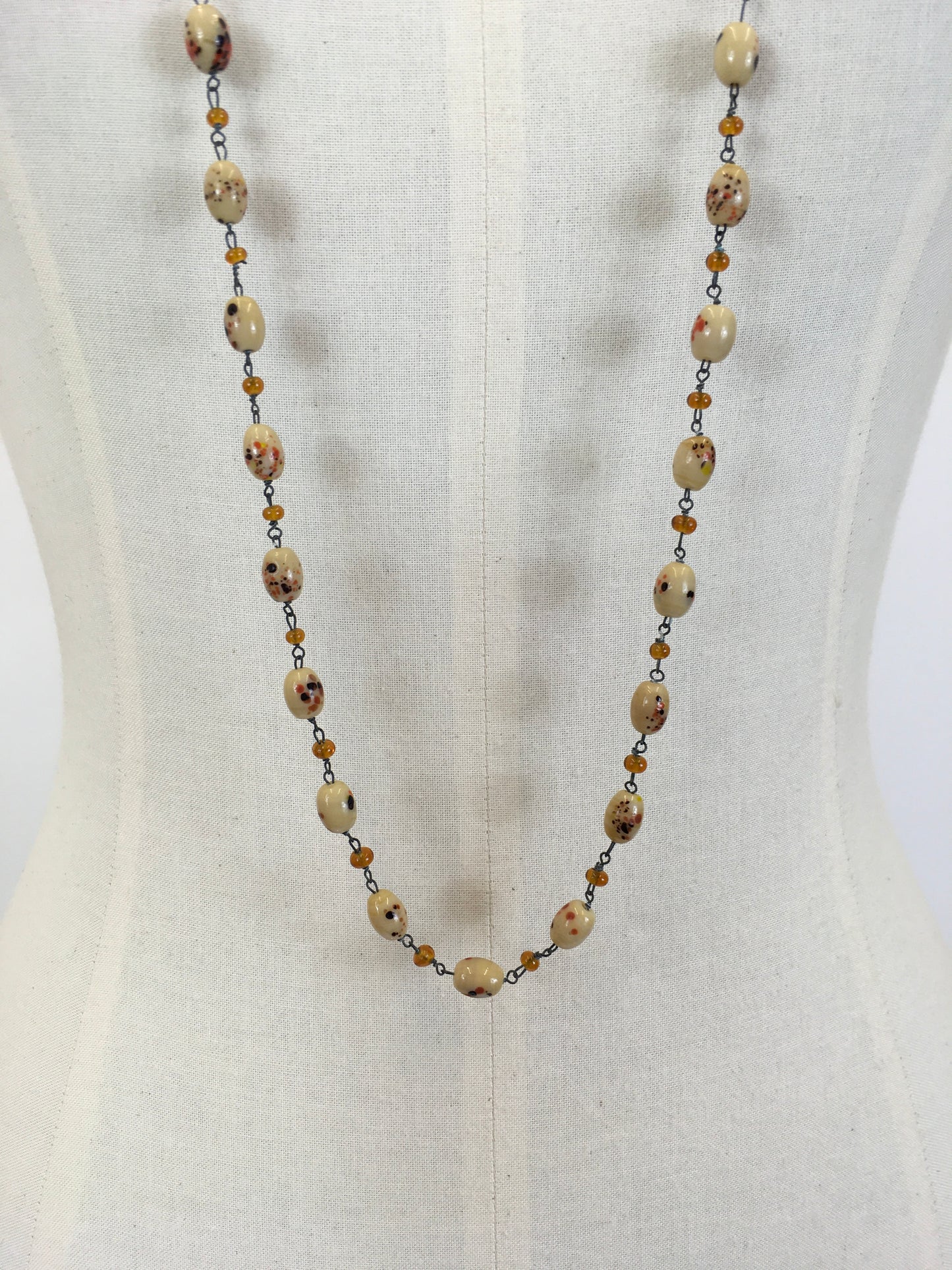Original 1930’s Beautiful Glass Beaded Necklace - In Shades of Cream, Amber & Black Deco Beads