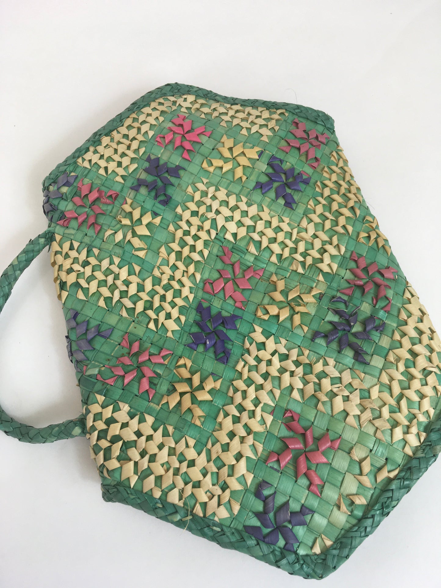 Original 1930’s Eau De Nil Raffia Handbag - With Delicate Rose, Lilac and Beige Hints