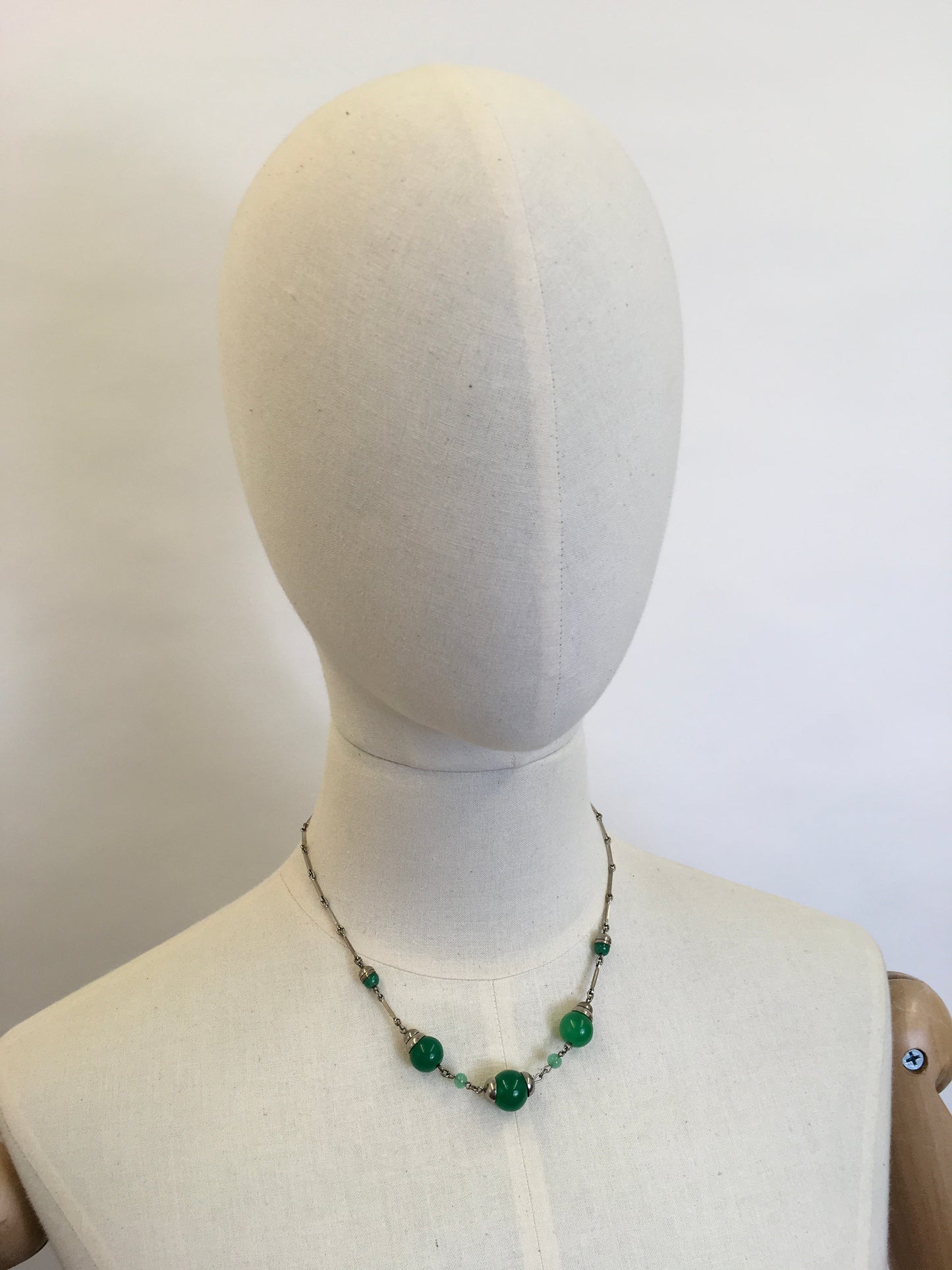Original 1930’s Necklace - With Bottle  Green Glass Beads