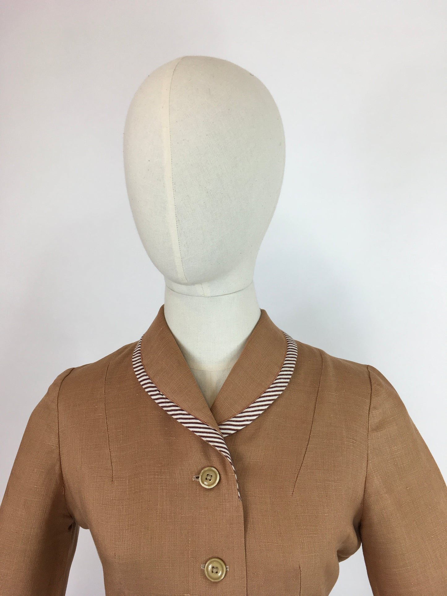 Original 1940’s 2 Piece Suit - In a Beautiful Soft Caramel Linen Colour With Contrast Stripe Detailing