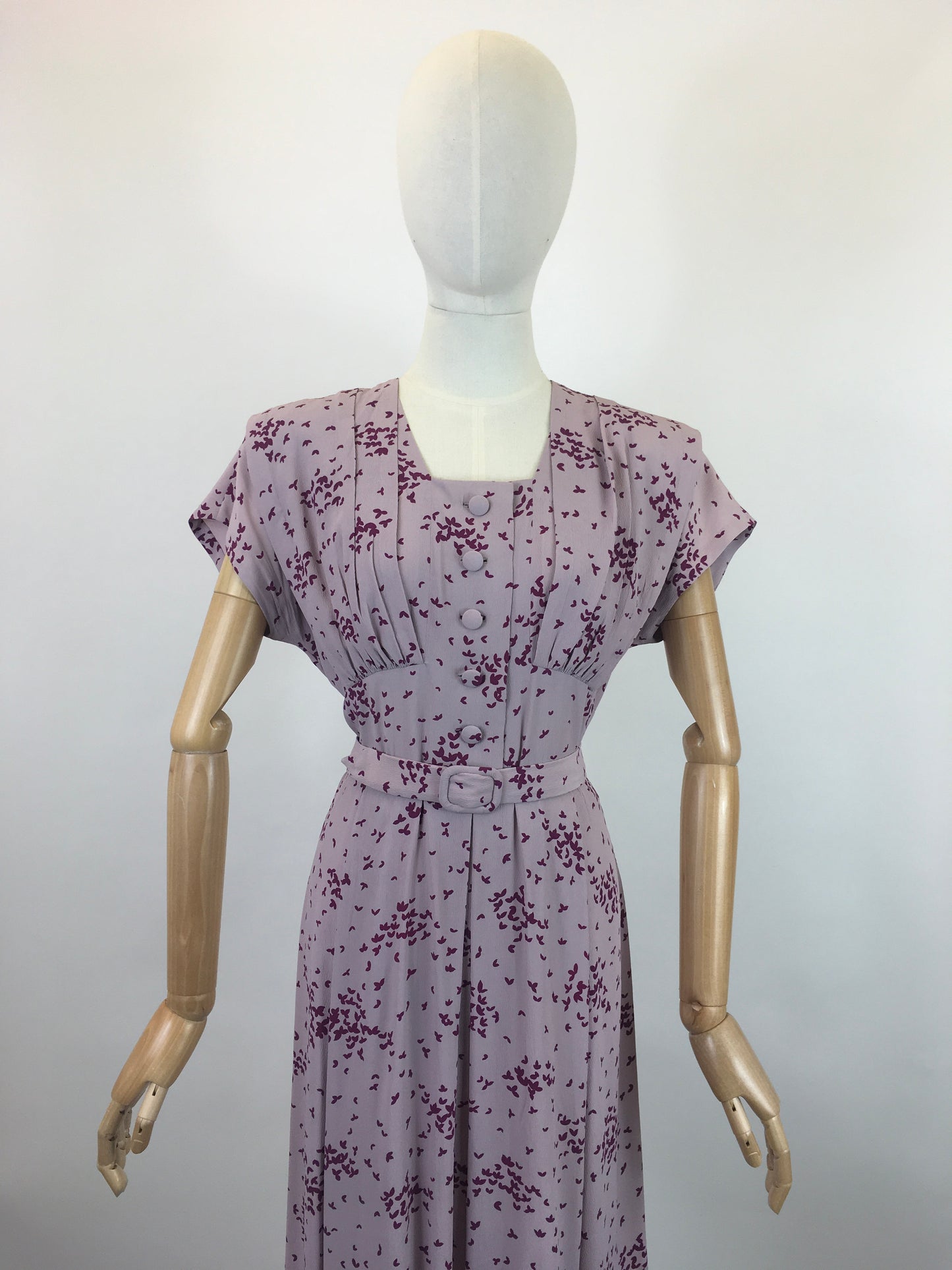 Original 1940's Darling Crepe Dress - In A Delicate Lilac with Berry Coloured Print