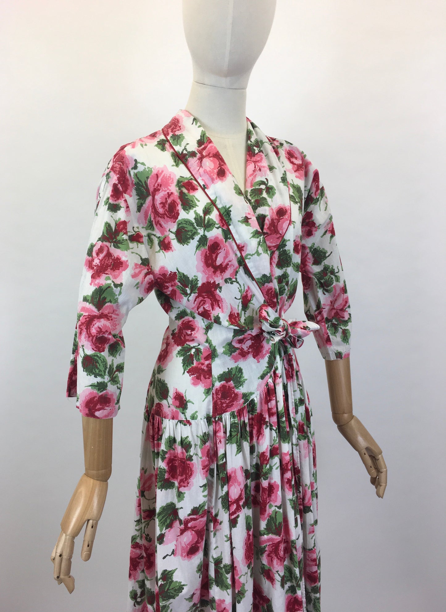 Original 1950’s Darling Wraparound House Dress in A Pink Rose Print - ‘ A Kitchen Formal ‘