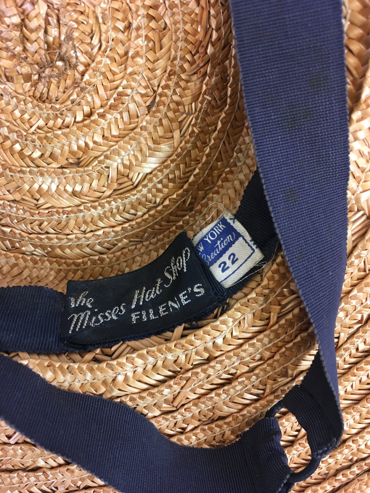 Original 1940’s Fabulous Straw Hat - With Navy Grosgrain Bows and Veiling
