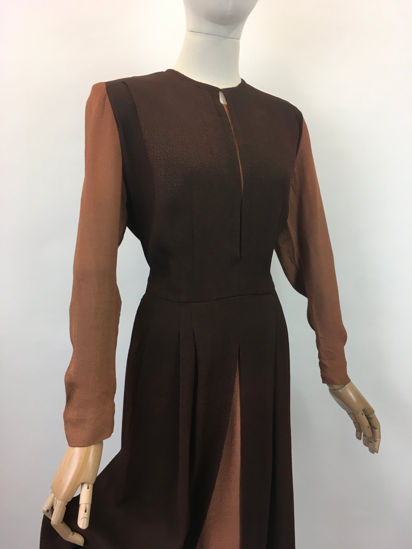 Original Sensational Late 1930's Early 1940's Dress - In Chocolate Brown and Warm Cinnamon Waffle Crepe