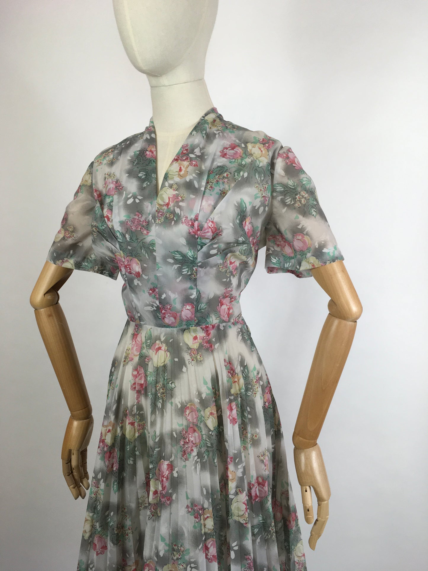 Original 1950s ‘ Eastex ‘ Floral Dress - In a Lovely Muted Colour Pallet of Soft Pinks, Muted Creams, Taupe and Greys
