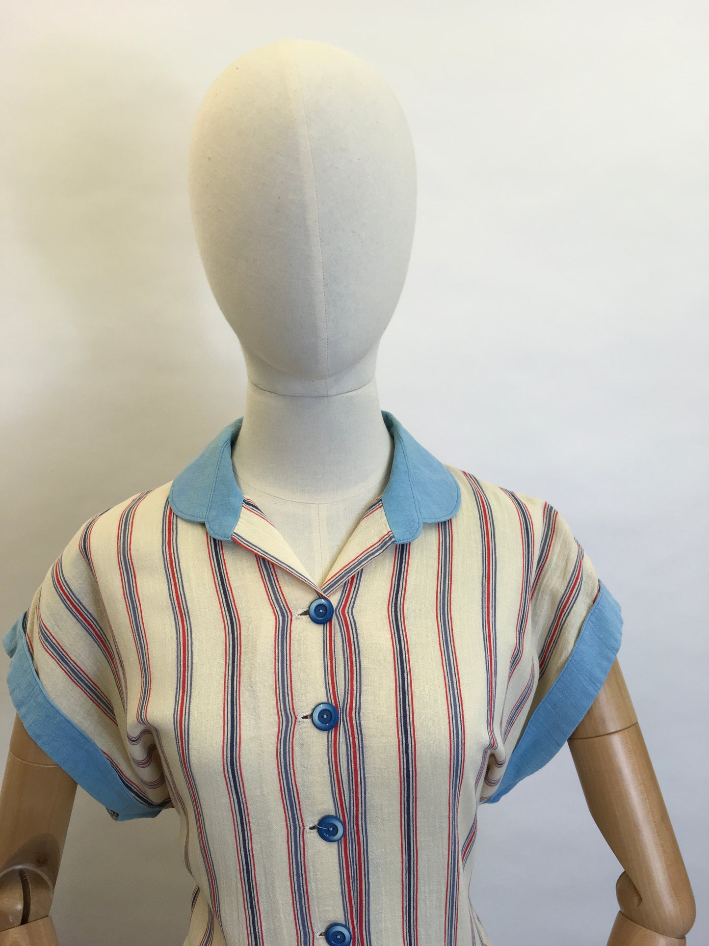 Original 1940’s Striped Day Dress - Lovely Cheesecloth fabric in Patriotic Colour Palette