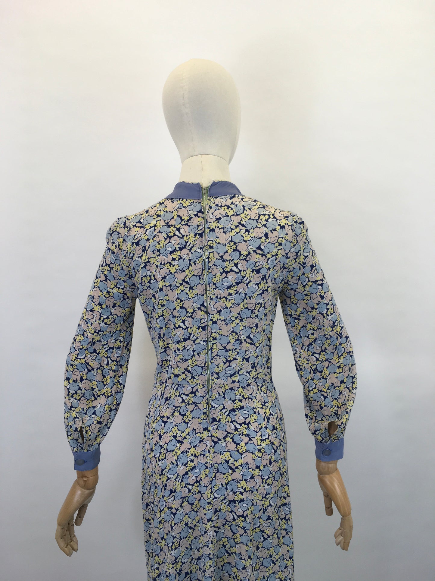 Original 1930’s Crepe Floral Day Dress - In A Pallet of Soft Pastels : Powdered Blue, Delicate Rose and Buttery Yellow